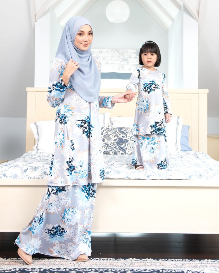 Baju Kurung Pahang Laura Printed Kids – Flint Grey - Image 6