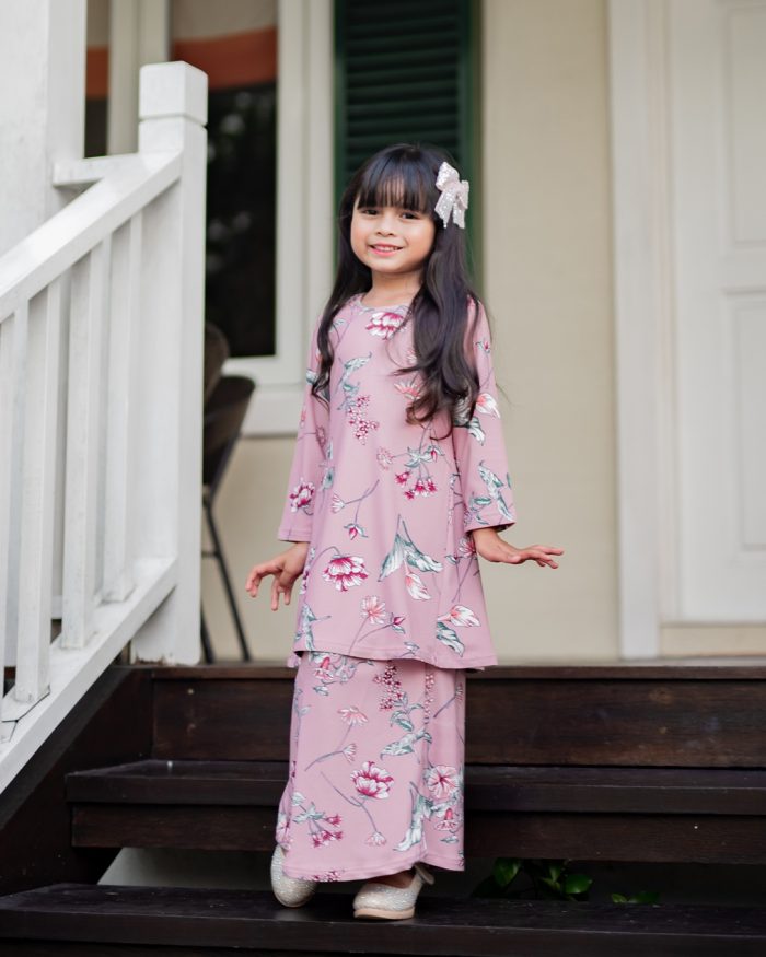 Baju Kurung Pahang Laura Printed Kids - Iris DustyPink