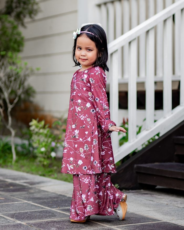 Baju Kurung Pahang Laura Printed Kids - Kesuma Burgundy