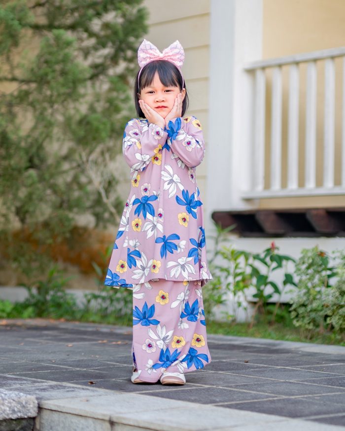 Baju Kurung Pahang Laura Printed Kids - Seroja Candy Mauve