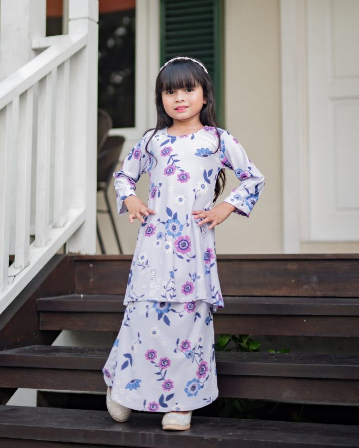 Baju Kurung Pahang Laura Printed Kids - Pansy Periwinkle