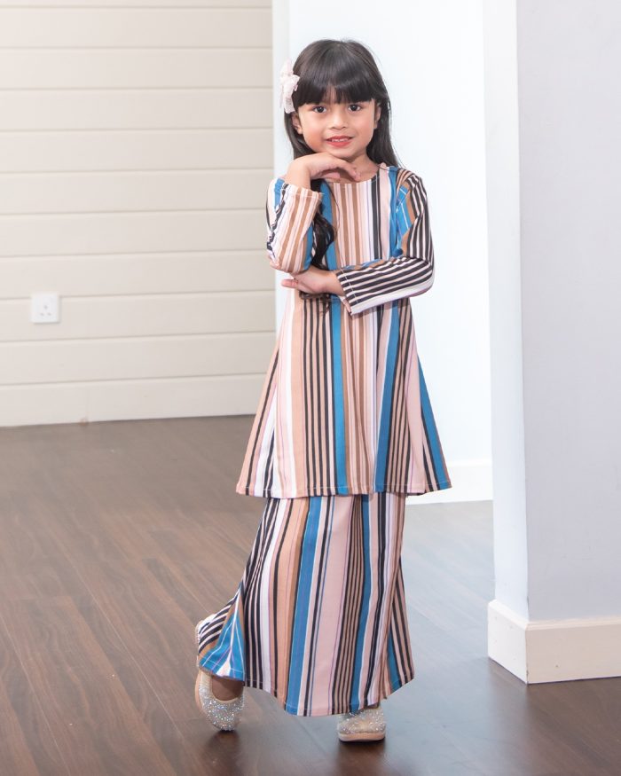 Baju Kurung Pahang Laura Printed Kids – Stripes Brown - Image 3