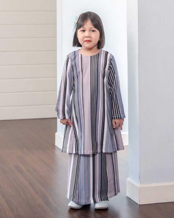 Baju Kurung Pahang Laura Printed Kids – Stripes Grey - Image 2