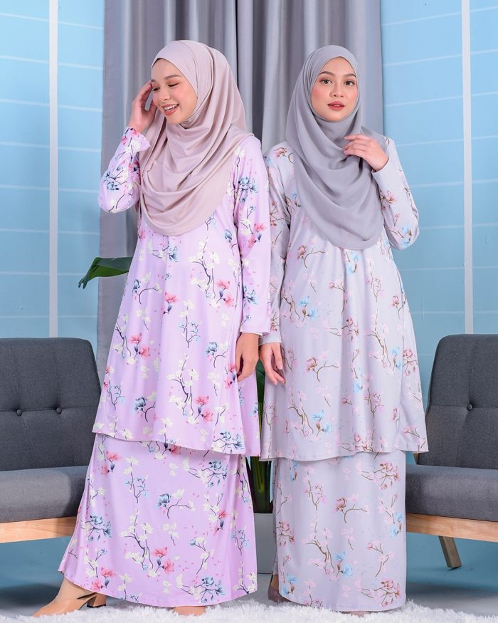 Baju Kurung Pahang Laura Printed 2.0 - Magnolia Grey - Image 5