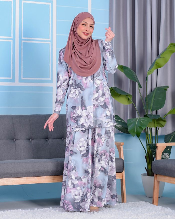 Baju Kurung Premium Printed Lainey - Amanda Bluish Grey