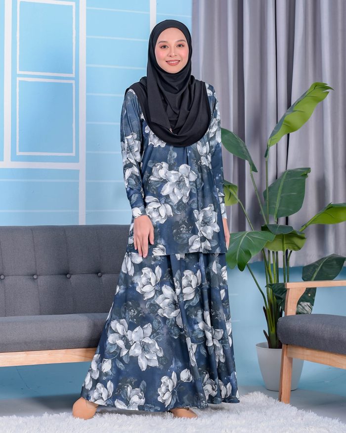 Baju Kurung Premium Printed Lainey - Amanda Navy