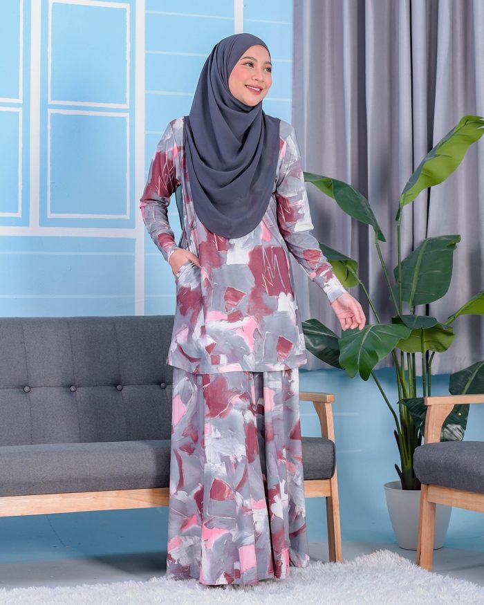 Baju Kurung Premium Printed Lainey - Limestone Coral Grey - Image 2