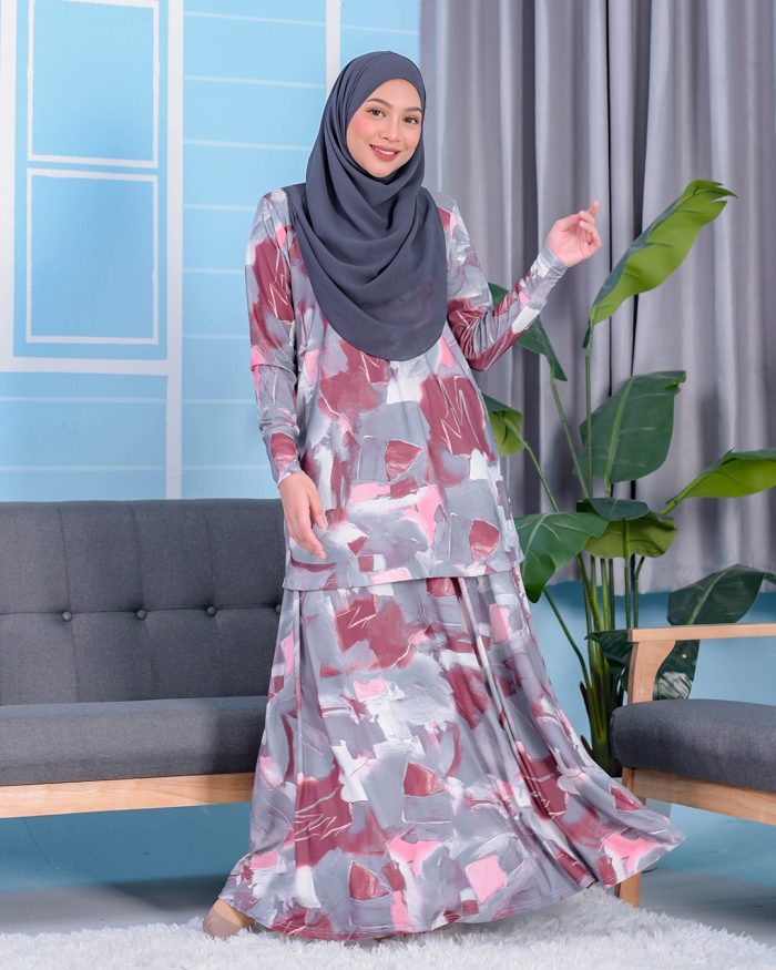 Baju Kurung Premium Printed Lainey - Limestone Coral Grey