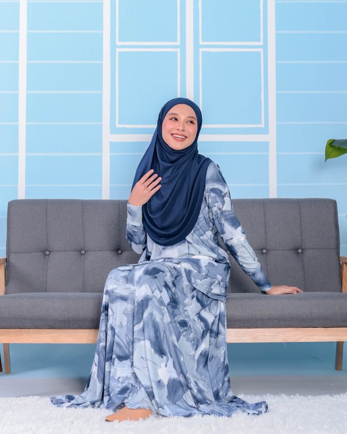 Baju Kurung Premium Printed Lainey - Limestone Navy - Image 3