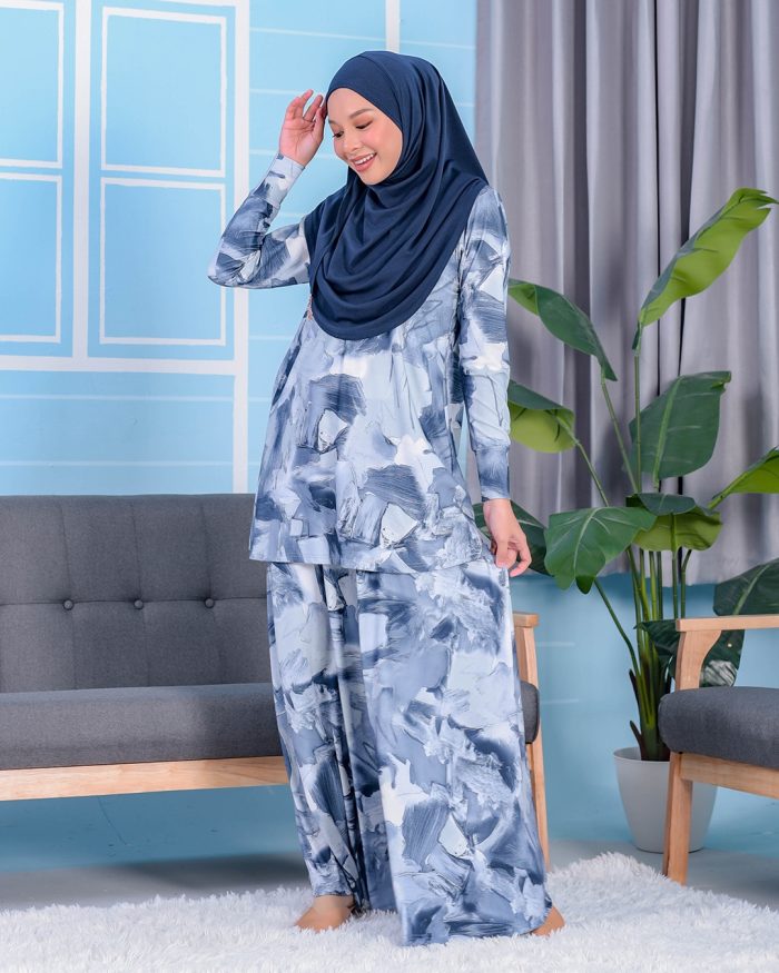 Baju Kurung Premium Printed Lainey - Limestone Navy