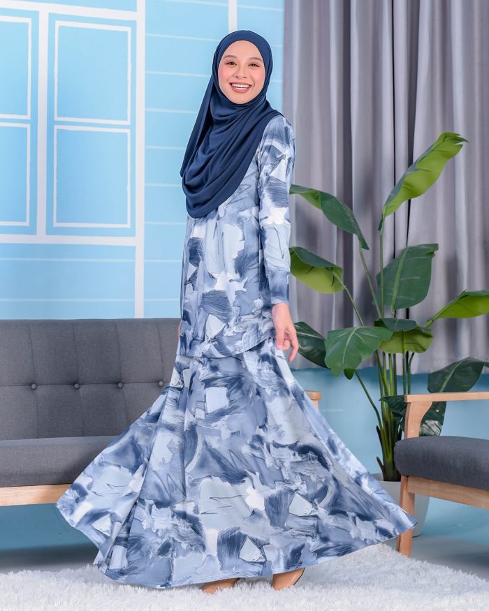 Baju Kurung Premium Printed Lainey - Limestone Navy - Image 2