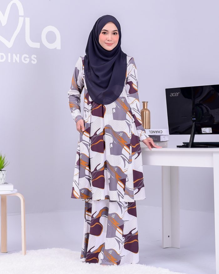 Baju Kurung Pahang Laura Printed 2.0 - White Marble