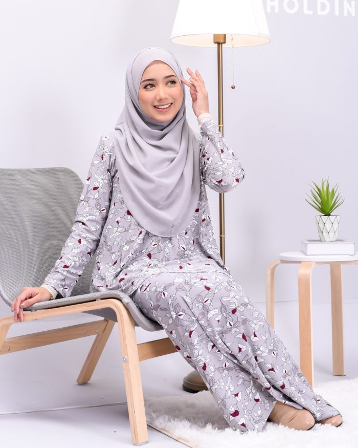 Baju Kurung Lola Printed - Grey Aquilegia - Image 2