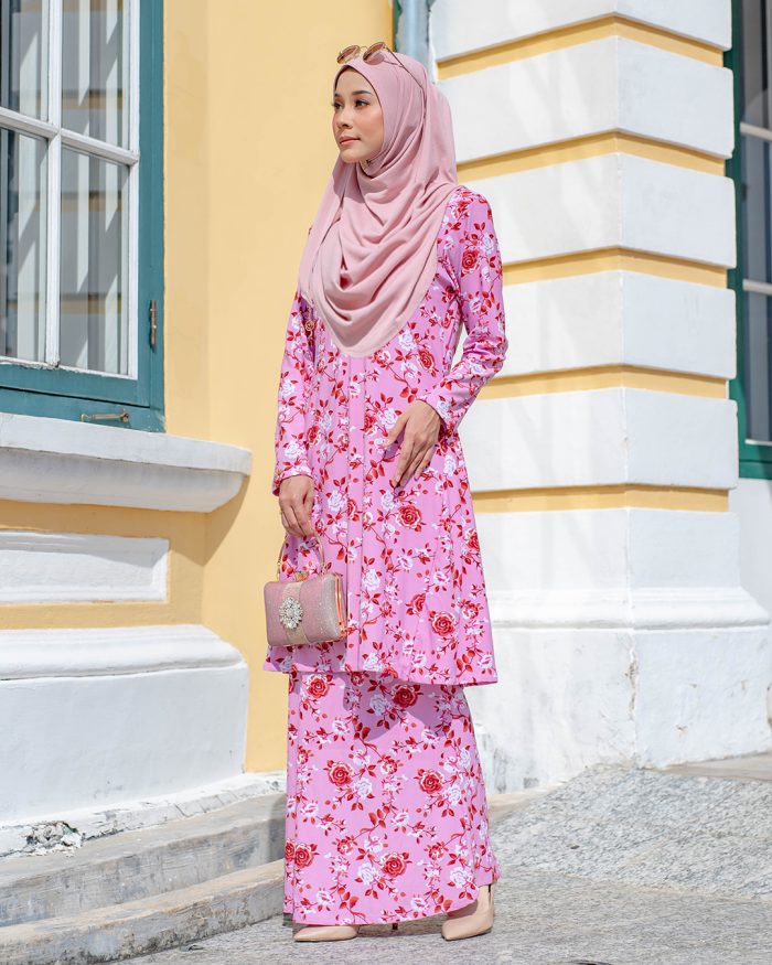 Baju Kurung Pahang Laura Printed - Rose Pink - Image 2