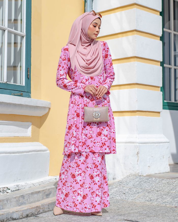 Baju Kurung Pahang Laura Printed - Rose Pink