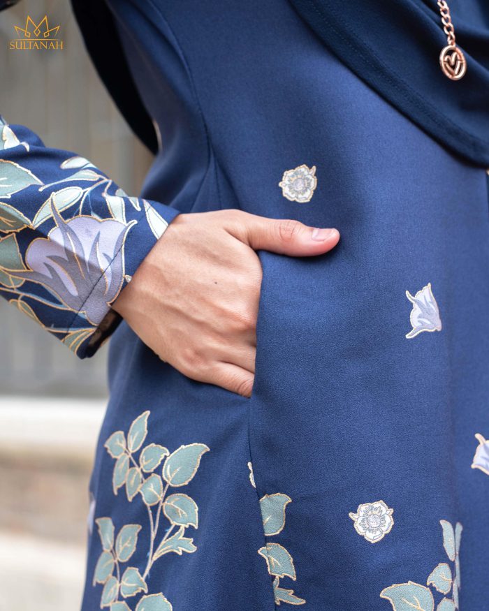 Baju Kurung Pahang Gold Line Radwa - Navy Blue - Image 5