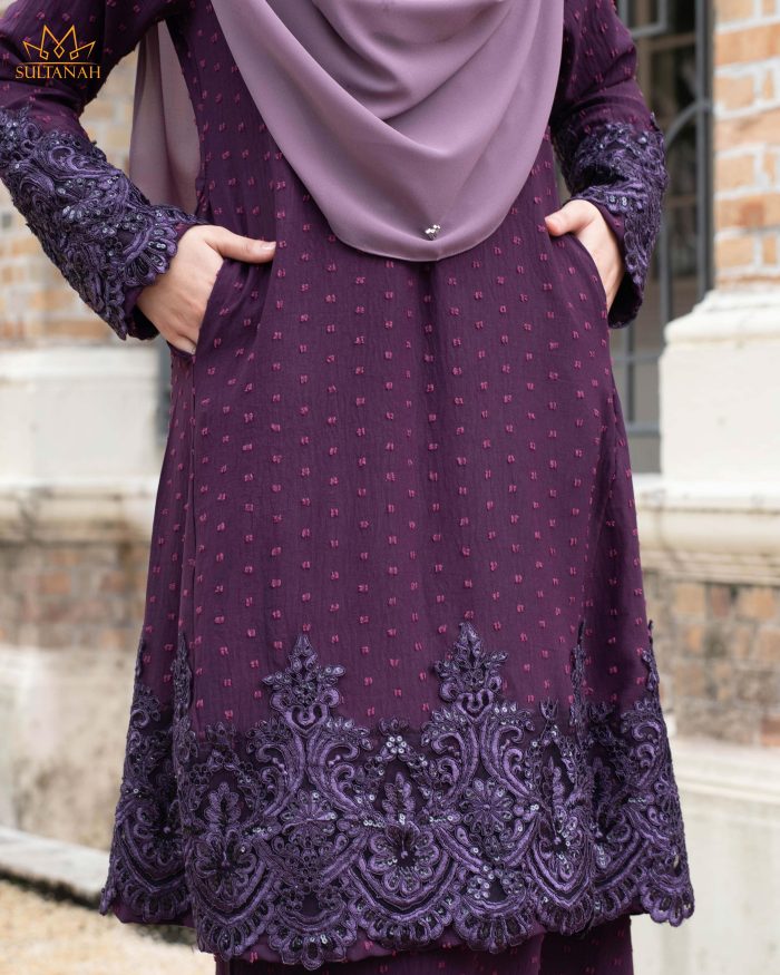 Baju Kurung Pahang Lace Ramadhani - Purple Mauve - Image 3