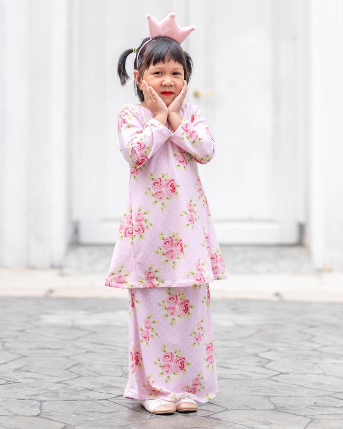 Baju Kurung Pahang Laura Printed Kids - Rosy Pink