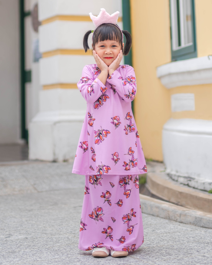 Baju Kurung Pahang Laura Printed Kids - Villea Pink - Image 2