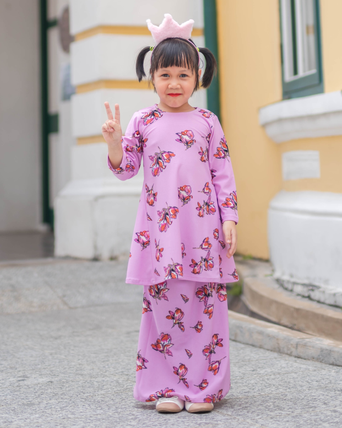 Baju Kurung Pahang Laura Printed Kids - Villea Pink