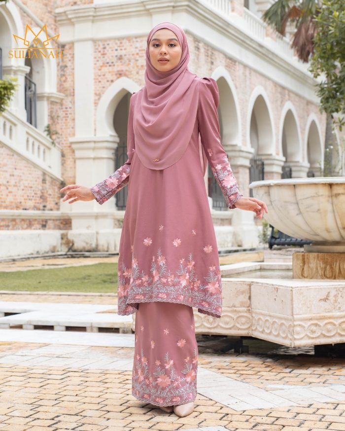 Baju Kurung Riau Puffy Sulam Kemboja - Faded Rose