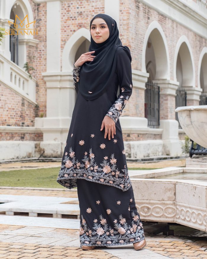 Baju Kurung Riau Puffy Sulam Kemboja - Matte Black