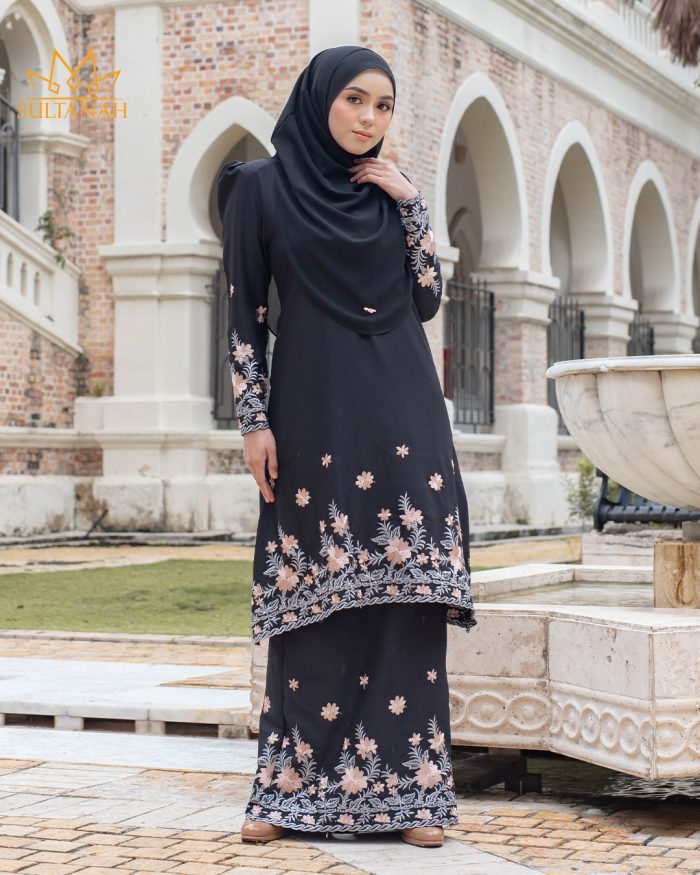 Baju Kurung Riau Puffy Sulam Kemboja - Matte Black - Image 2