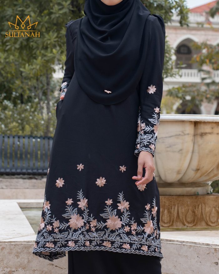 Baju Kurung Riau Puffy Sulam Kemboja - Matte Black - Image 4