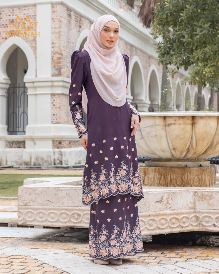 Baju Kurung Riau Puffy Sulam Kenanga - Deep Purple - Image 2