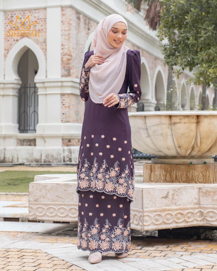 Baju Kurung Riau Puffy Sulam Kenanga - Deep Purple