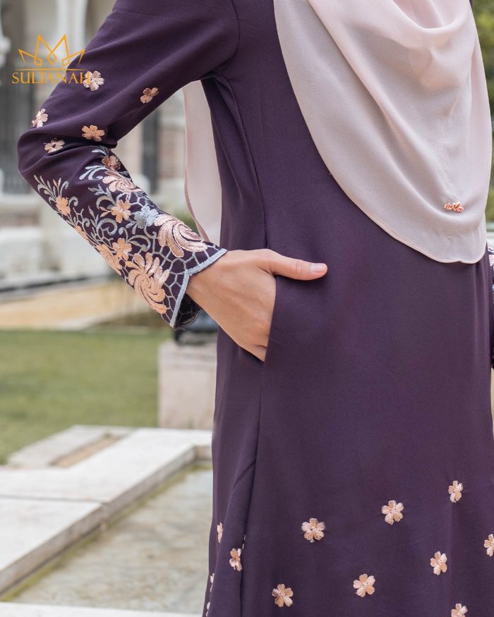 Baju Kurung Riau Puffy Sulam Kenanga - Deep Purple - Image 3