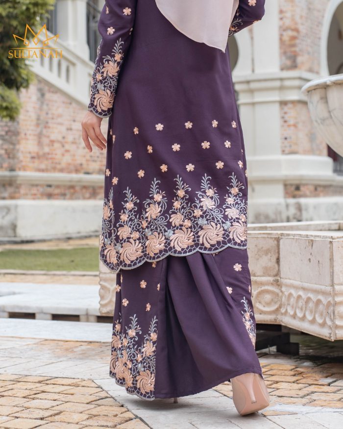 Baju Kurung Riau Puffy Sulam Kenanga - Deep Purple - Image 4