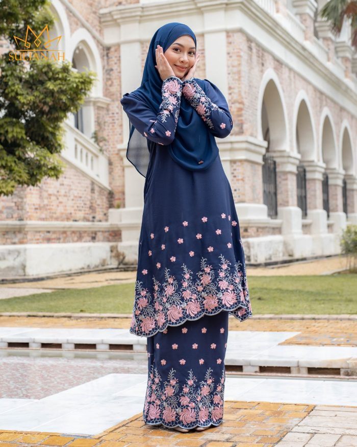Baju Kurung Riau Puffy Sulam Kenanga - Navy Blue - Image 2