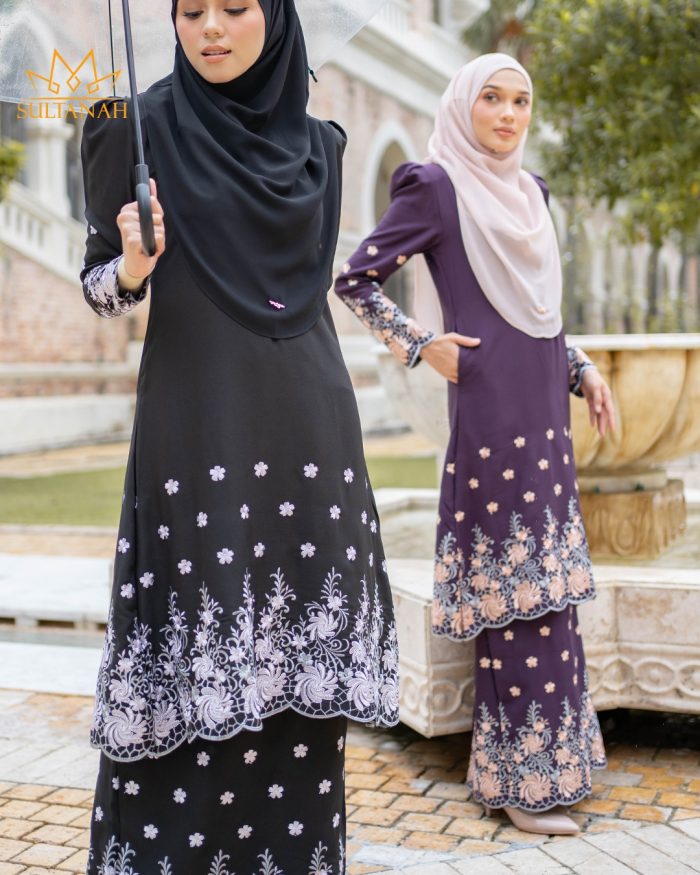 Baju Kurung Riau Puffy Sulam Kenanga - Royal Black - Image 5