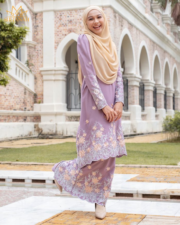 Baju Kurung Riau Puffy Sulam Kuntum - Lilac Purple