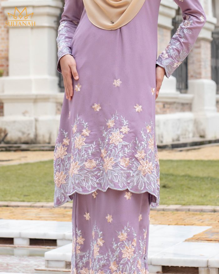 Baju Kurung Riau Puffy Sulam Kuntum - Lilac Purple - Image 3