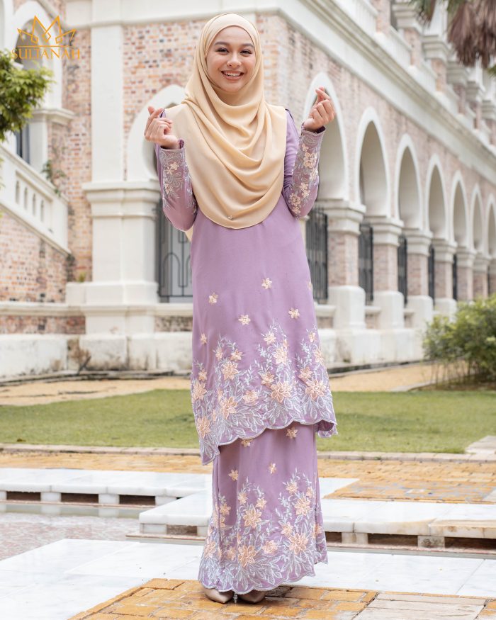 Baju Kurung Riau Puffy Sulam Kuntum - Lilac Purple - Image 2