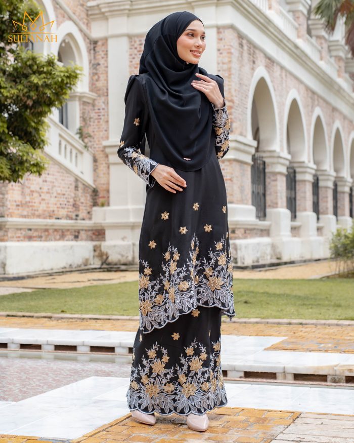 Baju Kurung Riau Puffy Sulam Kuntum - Matte Black - Image 2