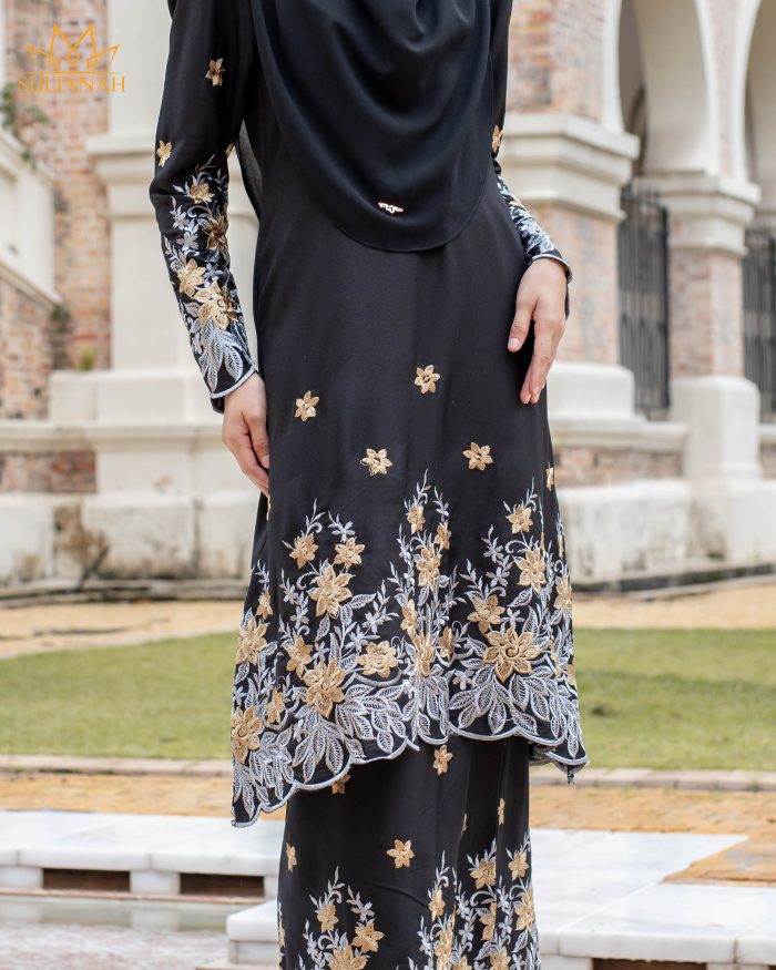 Baju Kurung Riau Puffy Sulam Kuntum - Matte Black - Image 3