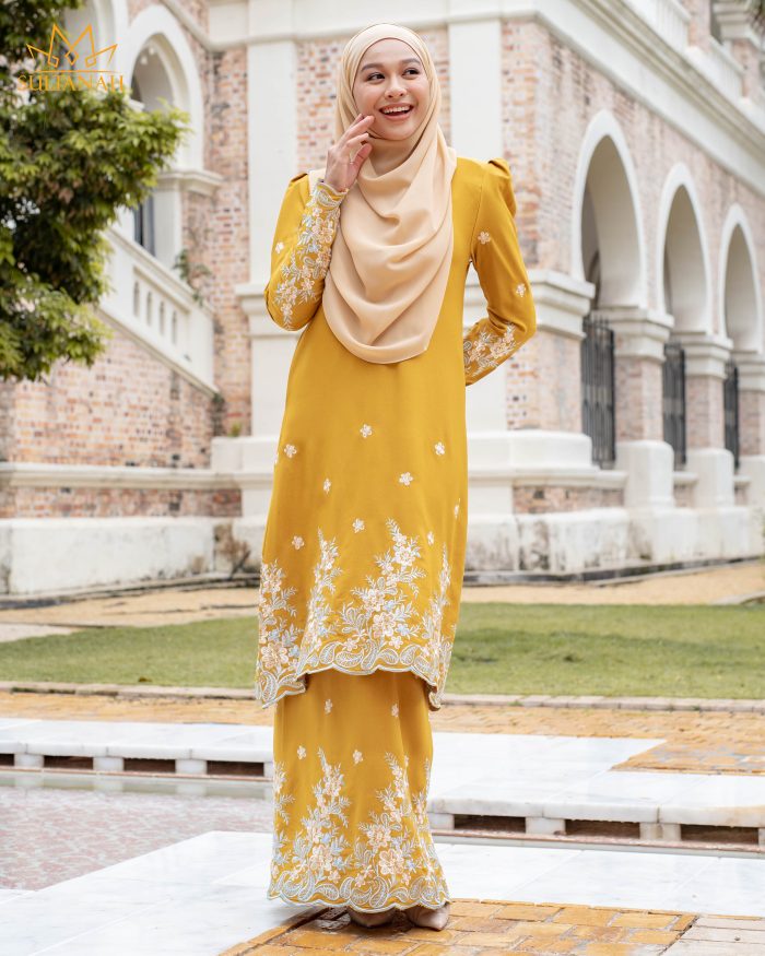 Baju Kurung Riau Puffy Sulam Melati - Gold Mustard - Image 2