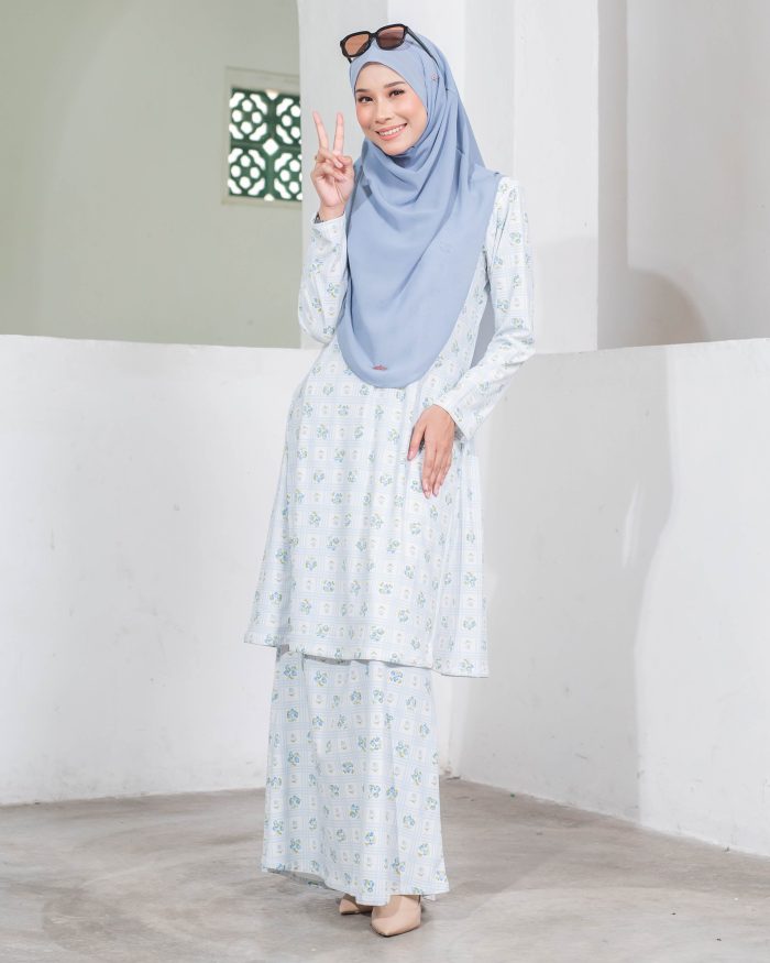 Baju Kurung Pahang Laura Printed - Aurora Blue