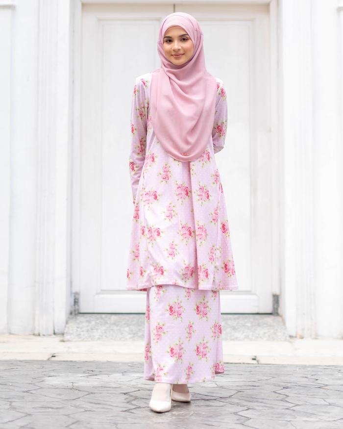 Baju Kurung Pahang Laura Printed - Rosy Pink - Image 2