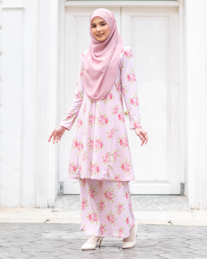 Baju Kurung Pahang Laura Printed - Rosy Pink