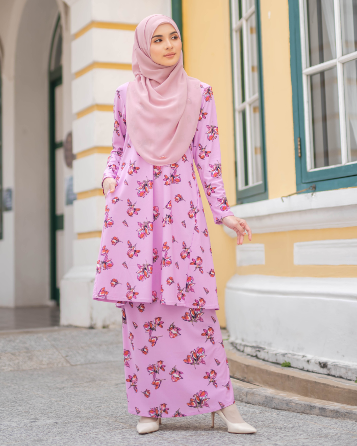 Baju Kurung Pahang Laura Printed - Villea Pink - Image 2