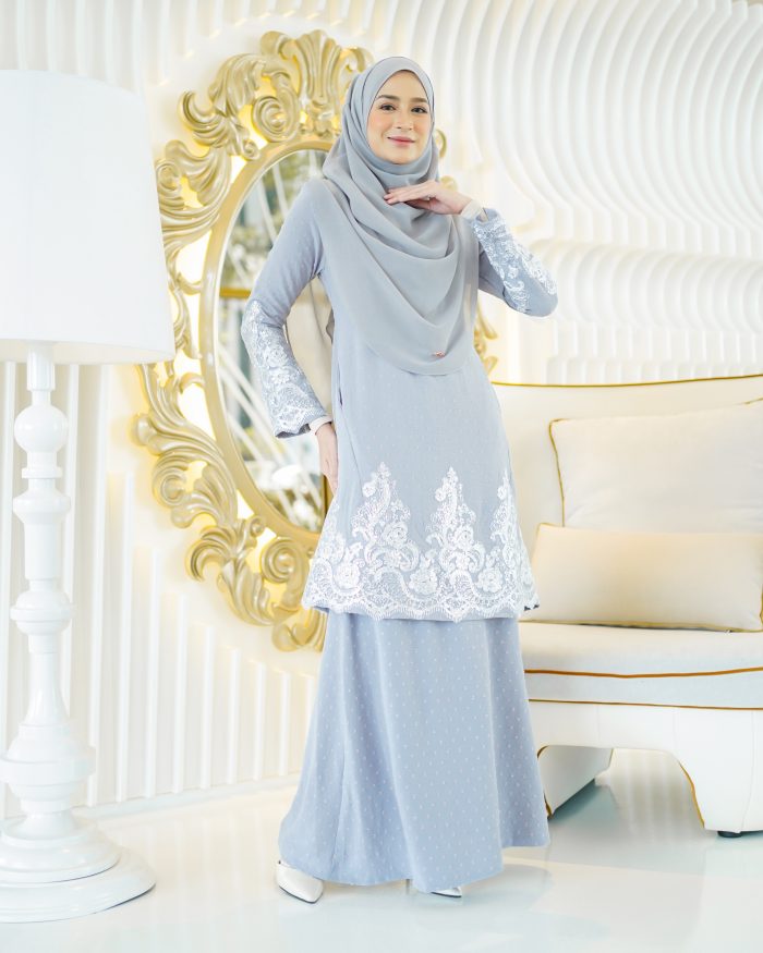 Baju Kurung Moden Lace Ratu - Ash Grey - Image 2