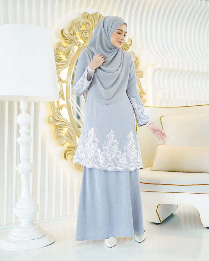 Baju Kurung Moden Lace Ratu - Ash Grey - Image 3