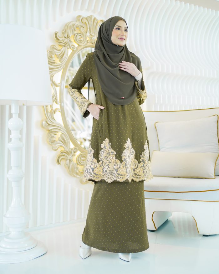 Baju Kurung Moden Lace Ratu - Olive Green - Image 2