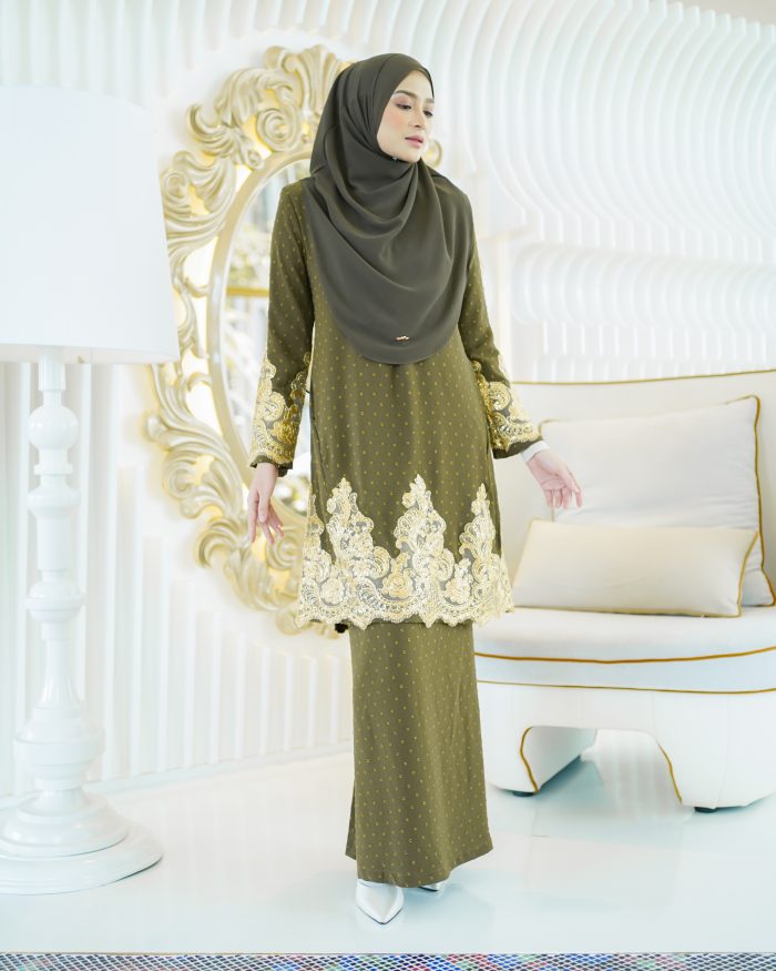 Baju Kurung Moden Lace Ratu - Olive Green