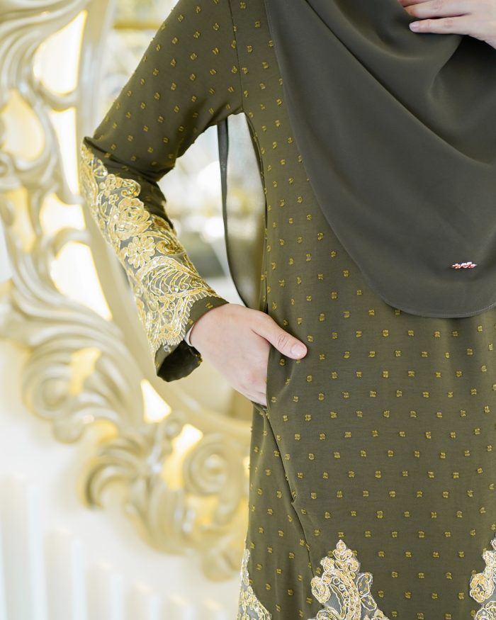 Baju Kurung Moden Lace Ratu - Olive Green - Image 5