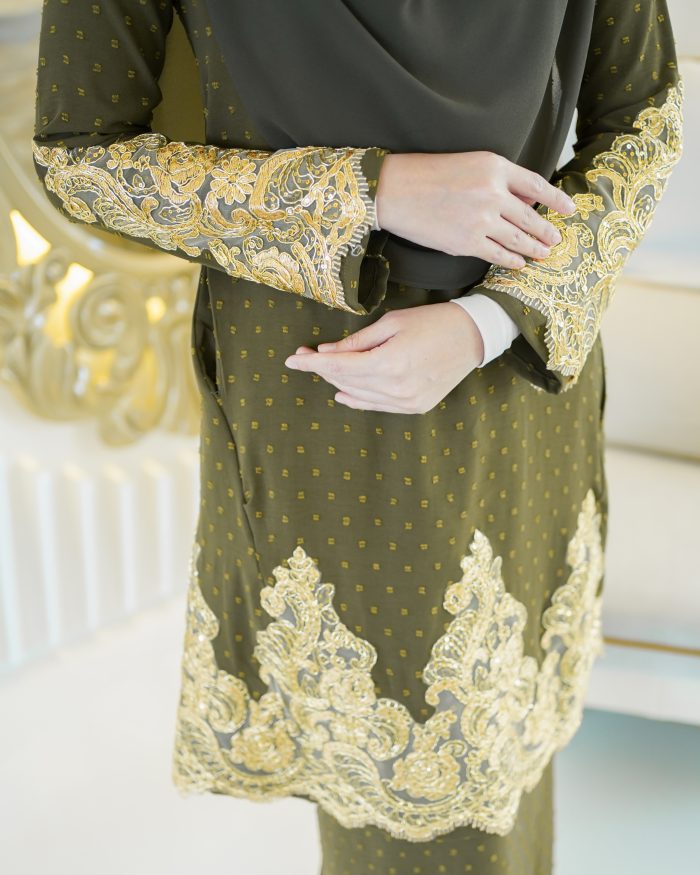 Baju Kurung Moden Lace Ratu - Olive Green - Image 4